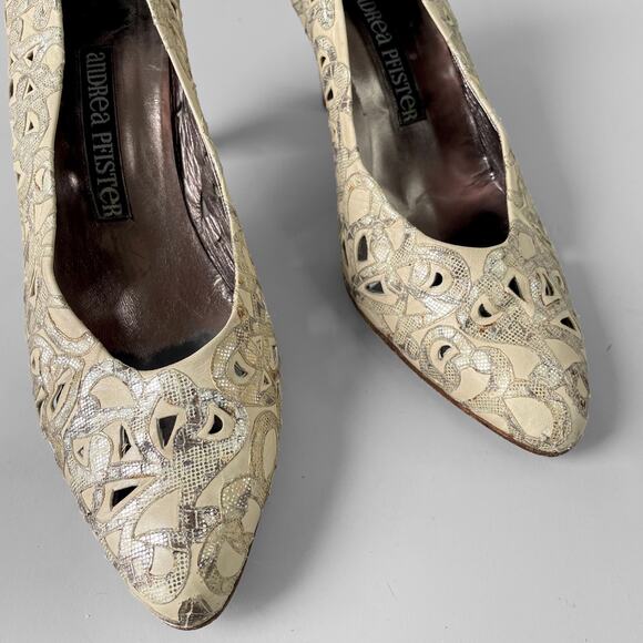 80s Andrea Pfister Lace Openwork Pumps Vintage Metallic Leather sz. 7 Snakeskin - Picture 2 of 9